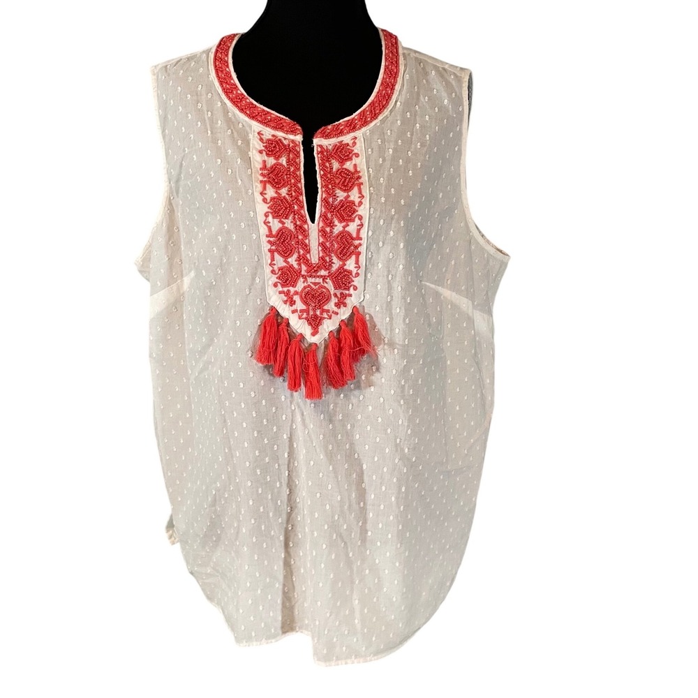 Liz Claiborne Womens XL White Swiss Dot Embroidered Tassel Sleeveless Blouse Top